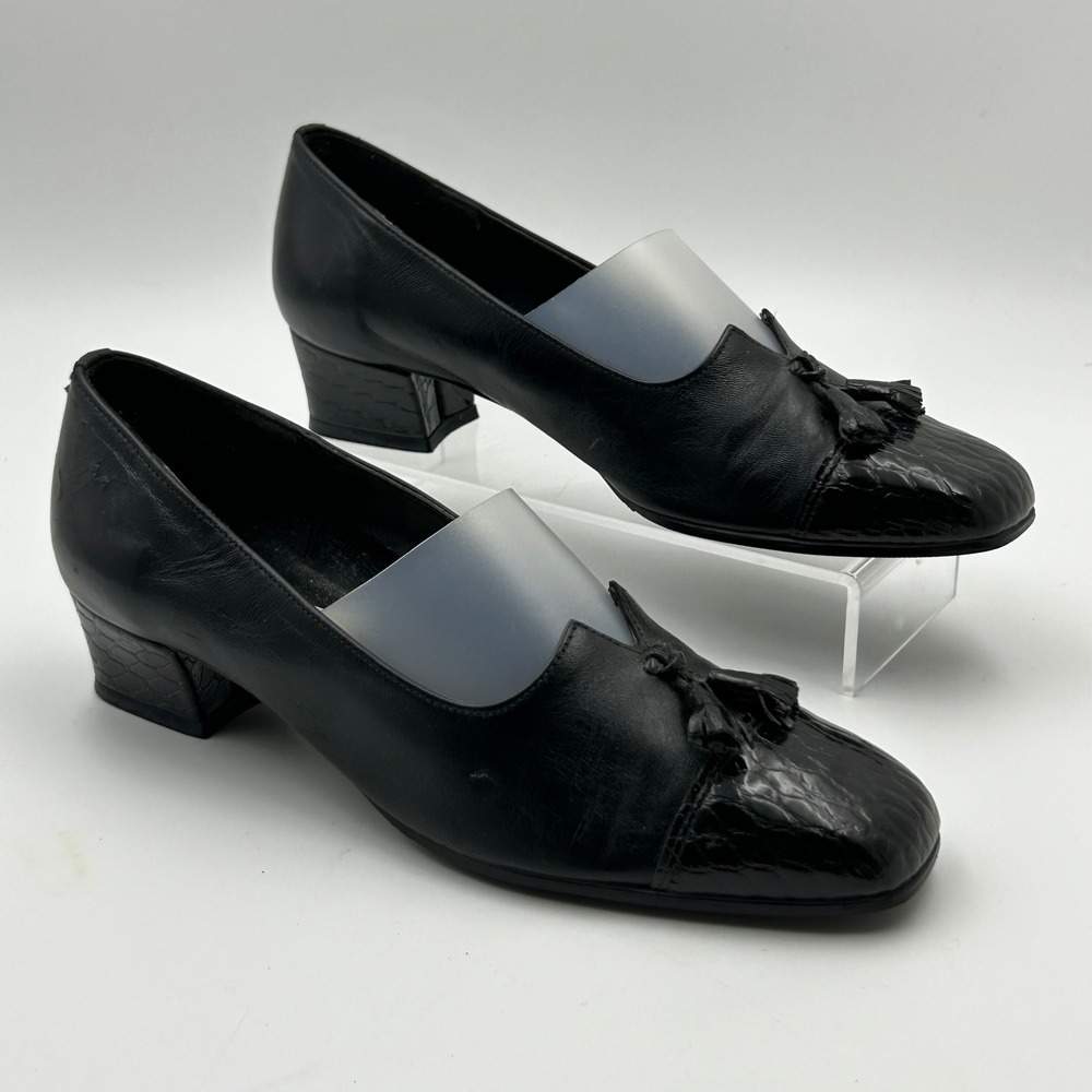 VTG Magdesians California Pumps 7.5M‎ Black Tassel Croc Embossed Block Heel 70s